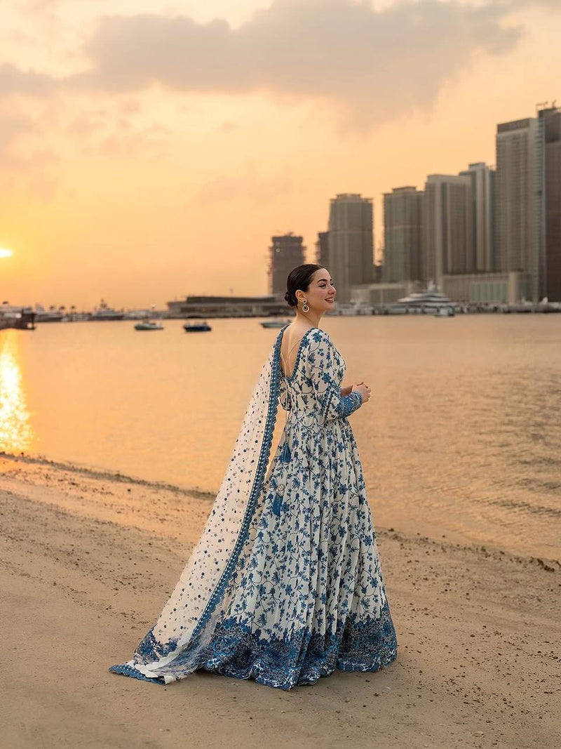 Zyra Elegant Embroidered Georgette Gown Set with Detailed Organza Cutwork Dupatta