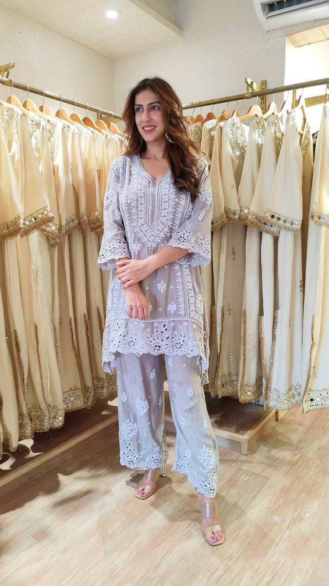 Classic Cutwork Detailed Chikan Ethnic Kurta Pant Set