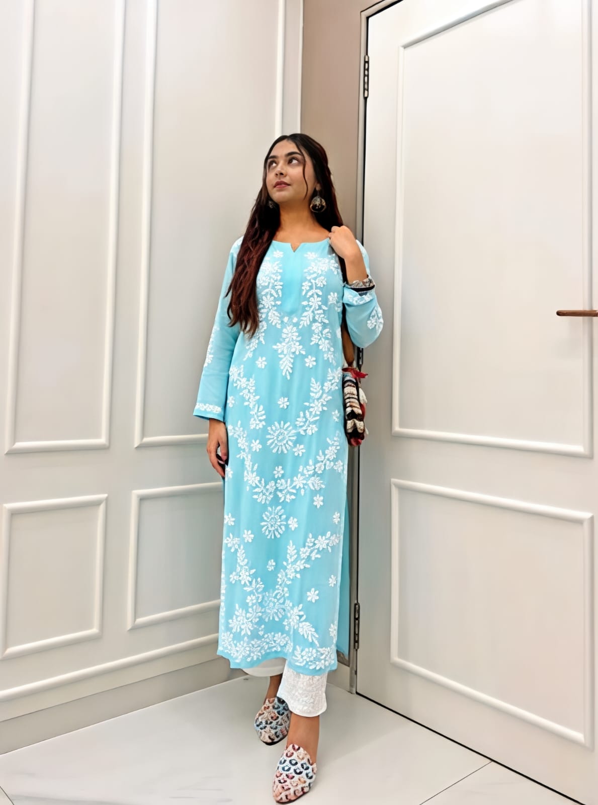 Stylish Sky Blue Kurta Featuring Subtle Floral Ethnic Design
