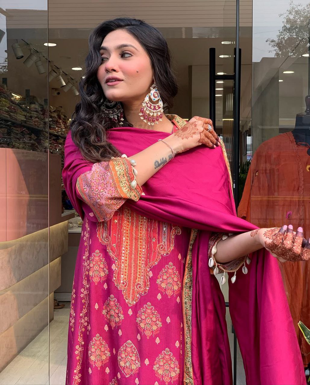 Reshimi pink  Readymade Suit With  Schiffli   Neck Hand Work