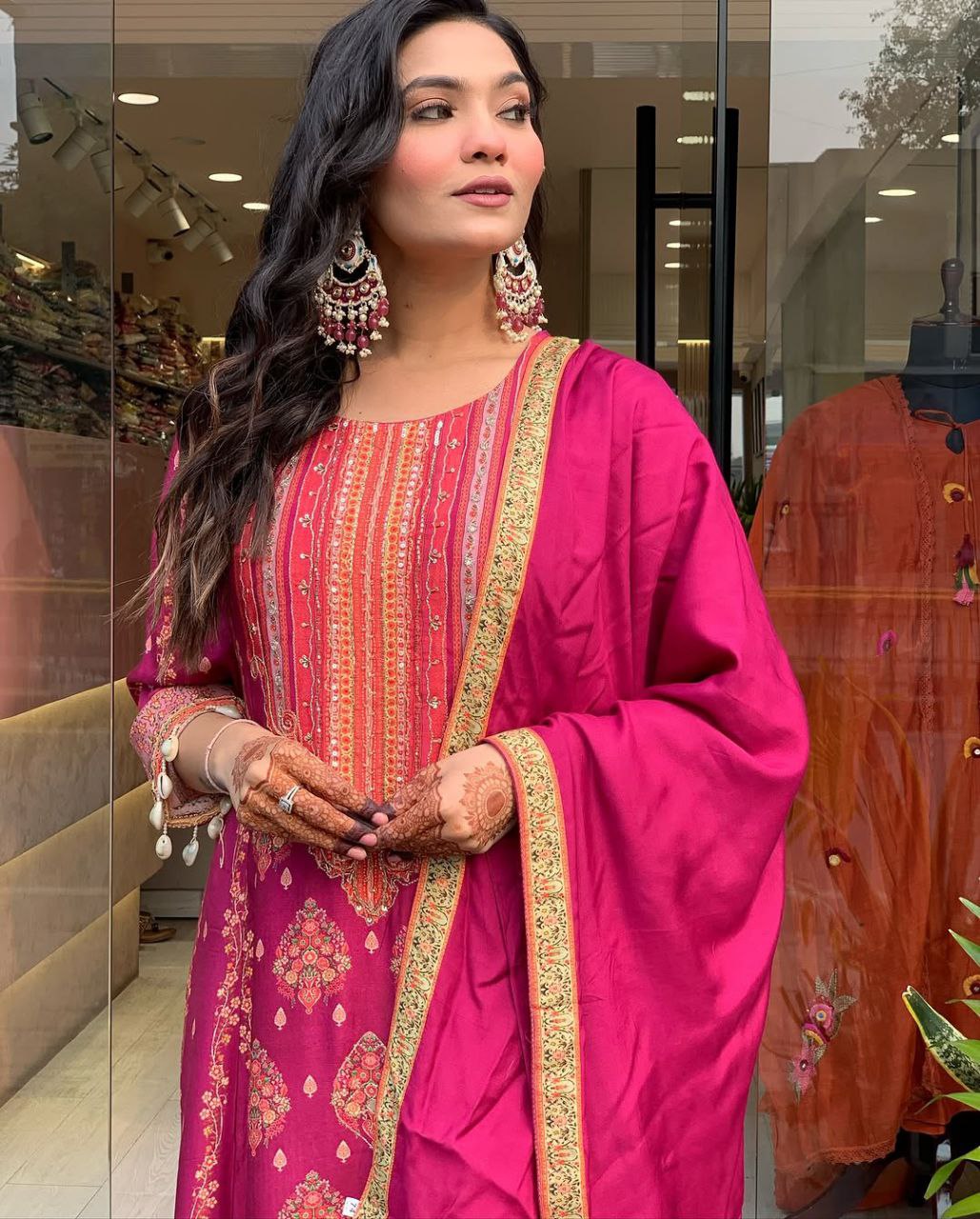 Reshimi pink  Readymade Suit With  Schiffli   Neck Hand Work