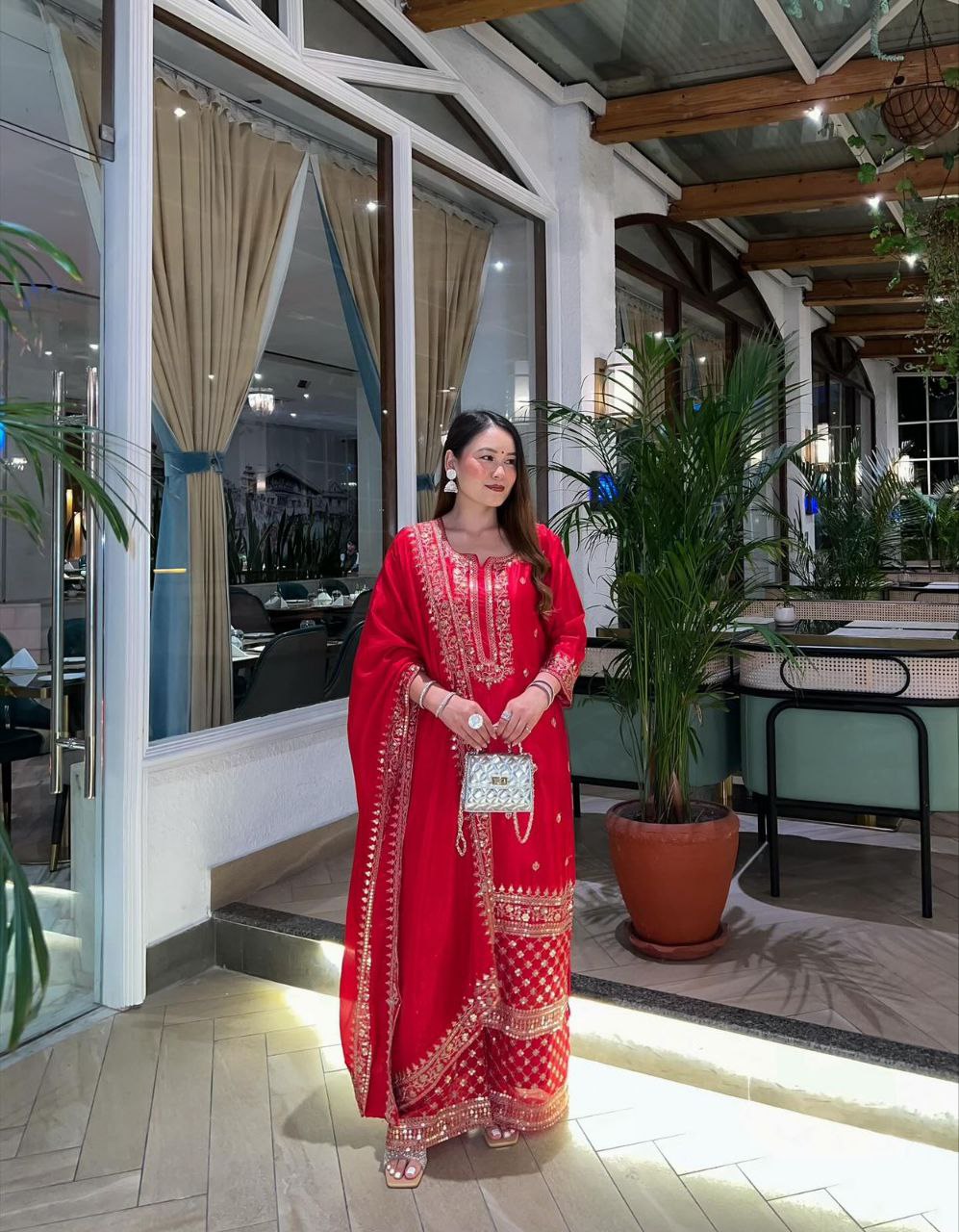Festive Flair In Handcrafted Red Sharara Suit With Dupatta