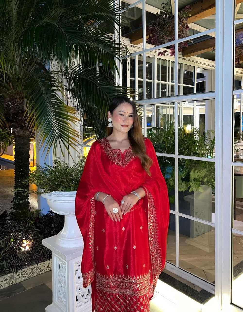 Festive Flair In Handcrafted Red Sharara Suit With Dupatta