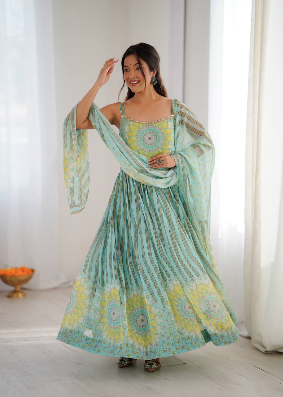 Mint Green Floral Fantasy Anarkali Gown